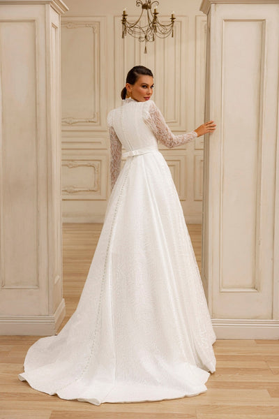 Elegant Modest High-Neck A-Line Wedding Dress with Lace Overlay and Subtle Train Plus Size - WonderlandByLilian