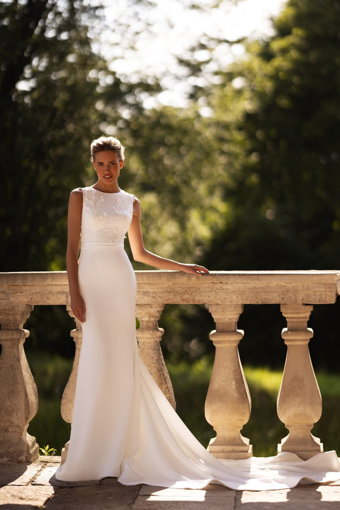 Elegant Neckline Off-Shoulder Sleeveless White Satin Wedding Dress Plus Size with Lace Detail and Extended Train Size 2 Elegant Neckline Off-Shoulder Sleeveless White Satin Wedding Dress Plus Size with Lace Detail and Extended Train Size 2