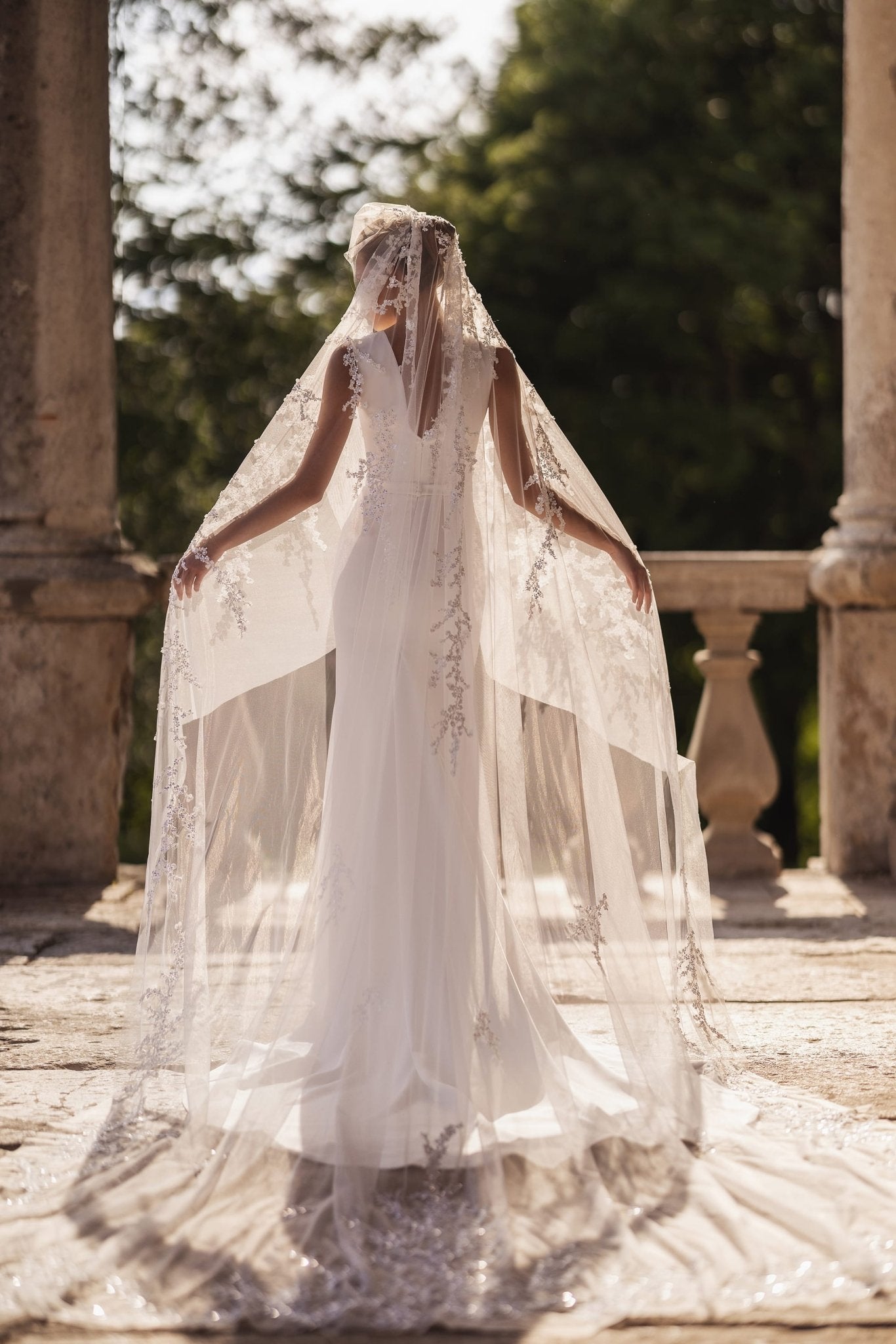 Elegant Modest Neckline Off-Shoulder Sleeveless White Satin Wedding Dress Plus Size with Lace Detail and Extended Train - WonderlandByLilian