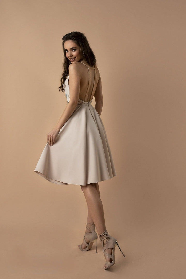 Elegant Nude Beaded V-Neck Cocktail Dress - Short Wedding Party Dress Plus Size - WonderlandByLilian