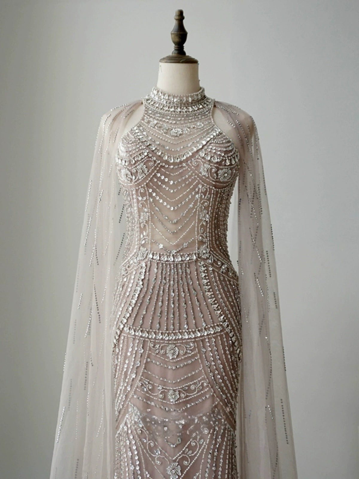 Elegant Nude Sequin and Beaded Gown - Strapless Glitter Dress - Pretty Sequin Dress with Flowing Cape Plus Size - WonderlandByLilian