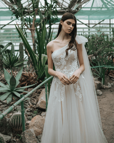 Elegant Off One Shoulder Wedding Dress with Tulle - Floral Applique Wedding Gown - Open Back Wedding Dress Plus Size - KAMILA - WonderlandByLilian