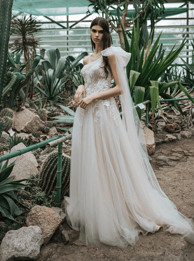 Elegant Off One Shoulder Wedding Dress with Tulle - Floral Applique Wedding Gown - Open Back Wedding Dress Plus Size - KAMILA - WonderlandByLilian