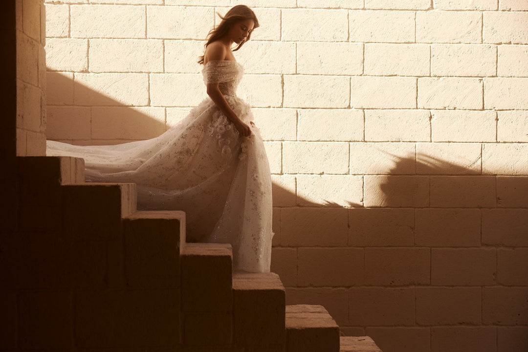 Elegant Off-Shoulder A-Line Bridal Gown with Sequin Floral Appliqués and Tulle Skirt Plus Size - WonderlandByLilian