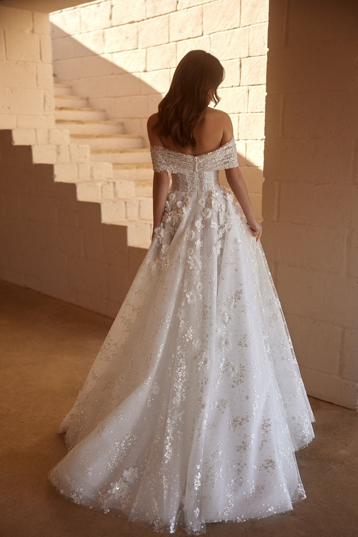 Elegant Off-Shoulder A-Line Bridal Gown with Sequin Floral Appliqués and Tulle Skirt Plus Size - WonderlandByLilian