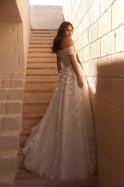 Elegant Off-Shoulder A-Line Bridal Gown with Sequin Floral Appliqués and Tulle Skirt Plus Size - WonderlandByLilian