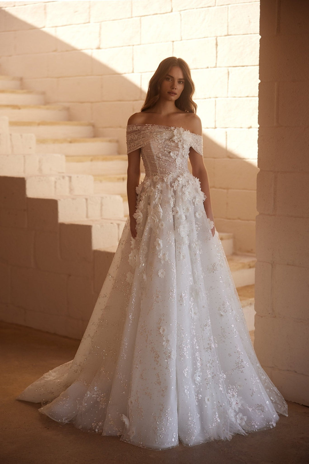 Elegant Off-Shoulder A-Line Bridal Gown with Sequin Floral Appliqués and Tulle Skirt Plus Size - WonderlandByLilian