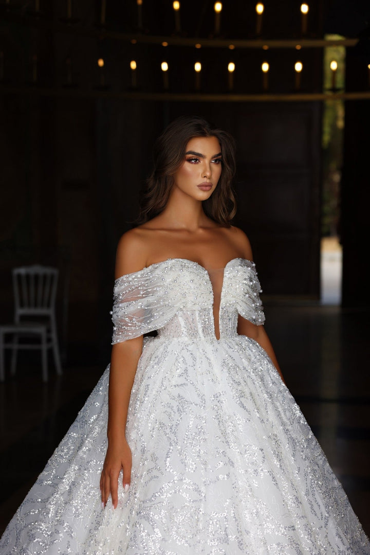 Elegant Off-Shoulder Beaded Ball Gown Wedding Dress Plus Size - WonderlandByLilian