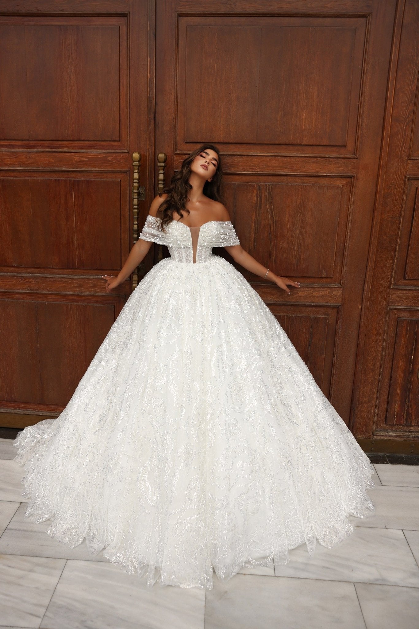 Elegant Off-Shoulder Beaded Ball Gown Wedding Dress Plus Size - WonderlandByLilian