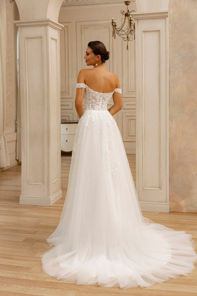 Elegant Off-Shoulder Lace Wedding Dress with Basketweave Bodice and Tulle Skirt Plus Size - WonderlandByLilian