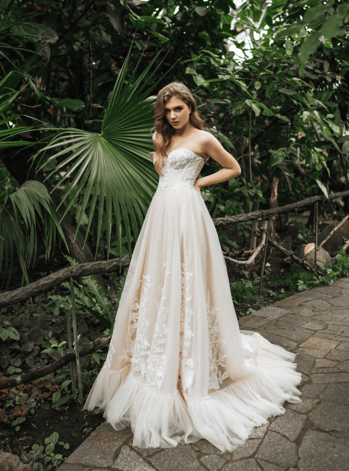 Elegant Off - Shoulder Wedding Dress with Tulle - Floral Applique Wedding Gown Plus Size - LEILA - WonderlandByLilian