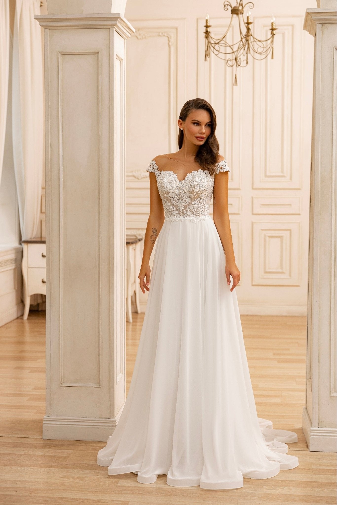 Elegant Off-the-Shoulder A-Line Wedding Dress with Floral Lace Detailing Plus Size - WonderlandByLilian