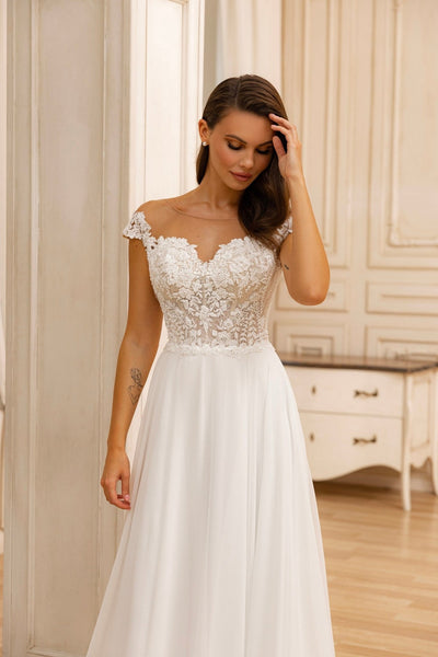Elegant Off-the-Shoulder A-Line Wedding Dress with Floral Lace Detailing Plus Size - WonderlandByLilian