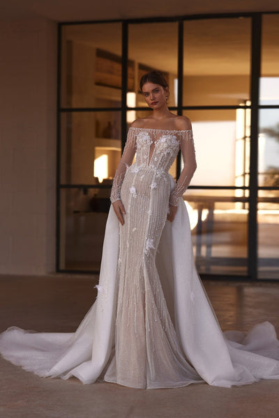 Elegant Off-the-Shoulder Beaded Bridal Gown with Over Skirt and Luxurious Train Plus Size - WonderlandByLilian
