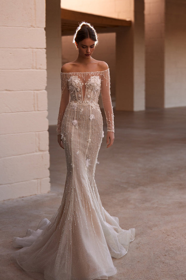 Elegant Off-the-Shoulder Beaded Bridal Gown with Over Skirt and Luxurious Train Plus Size - WonderlandByLilian