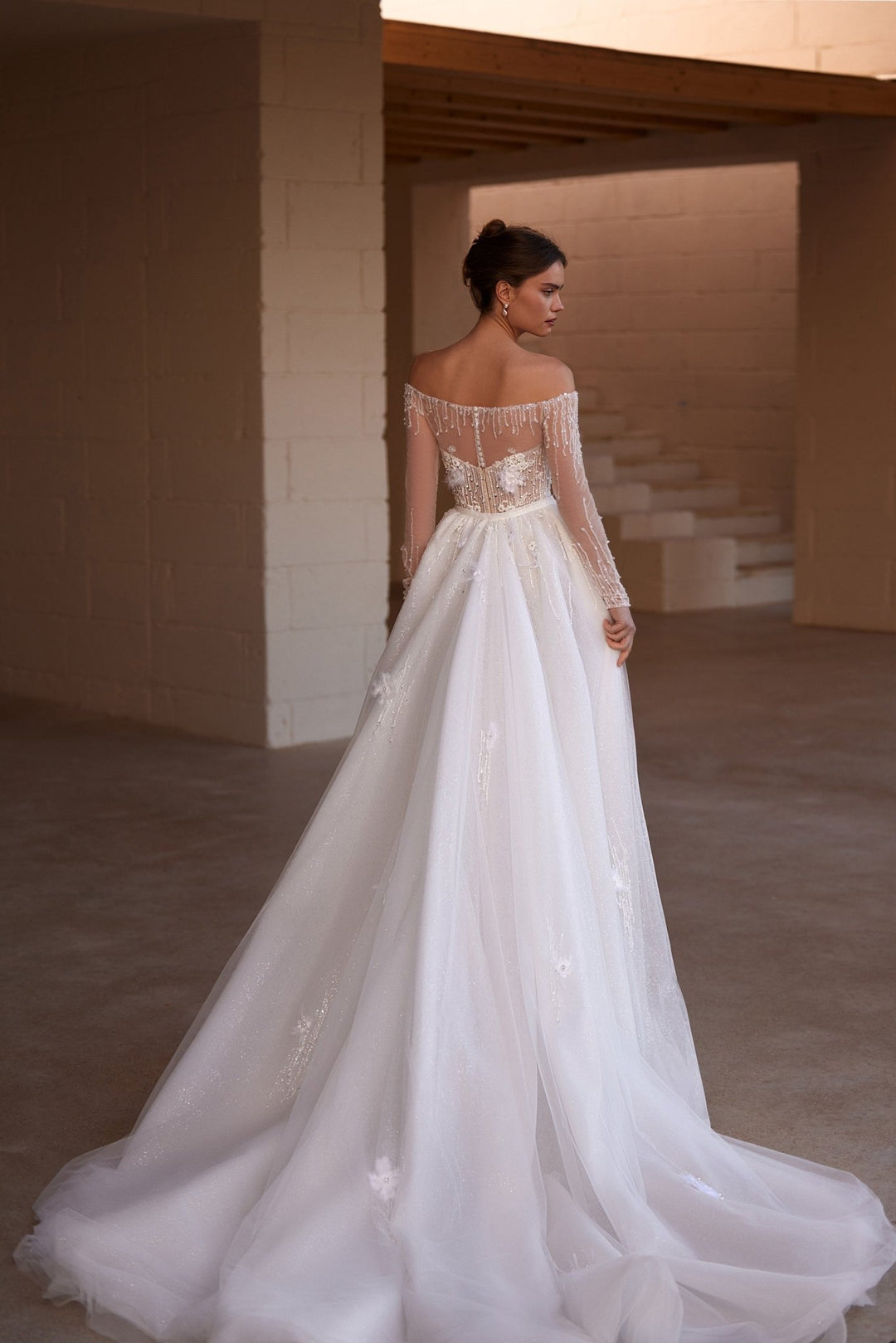 Elegant Off-the-Shoulder Beaded Bridal Gown with Over Skirt and Luxurious Train Plus Size - WonderlandByLilian