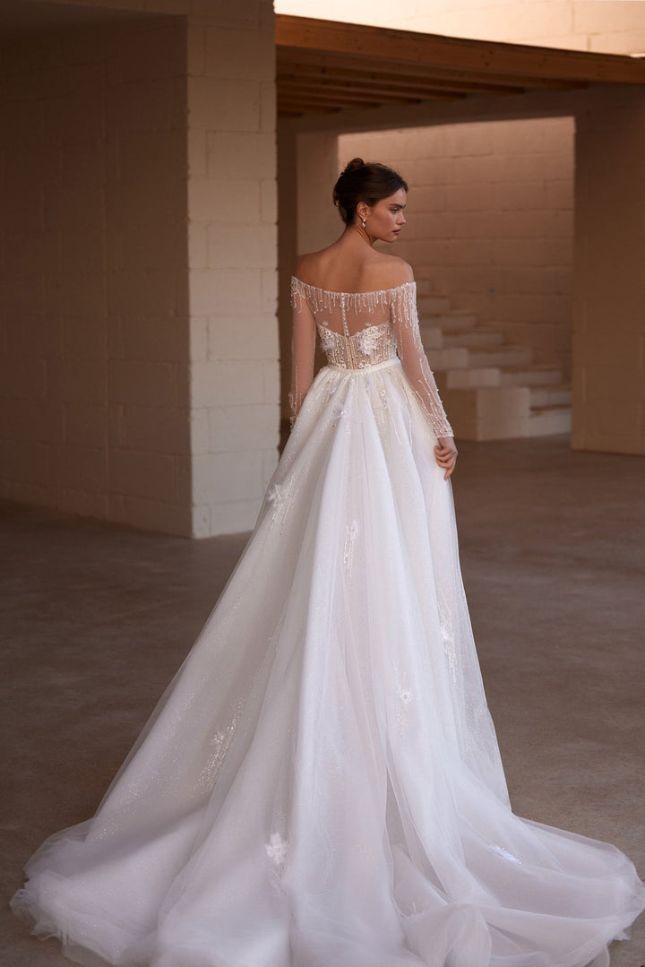 Elegant Off-the-Shoulder Beaded Bridal Gown with Over Skirt and Luxurious Train Plus Size - WonderlandByLilian