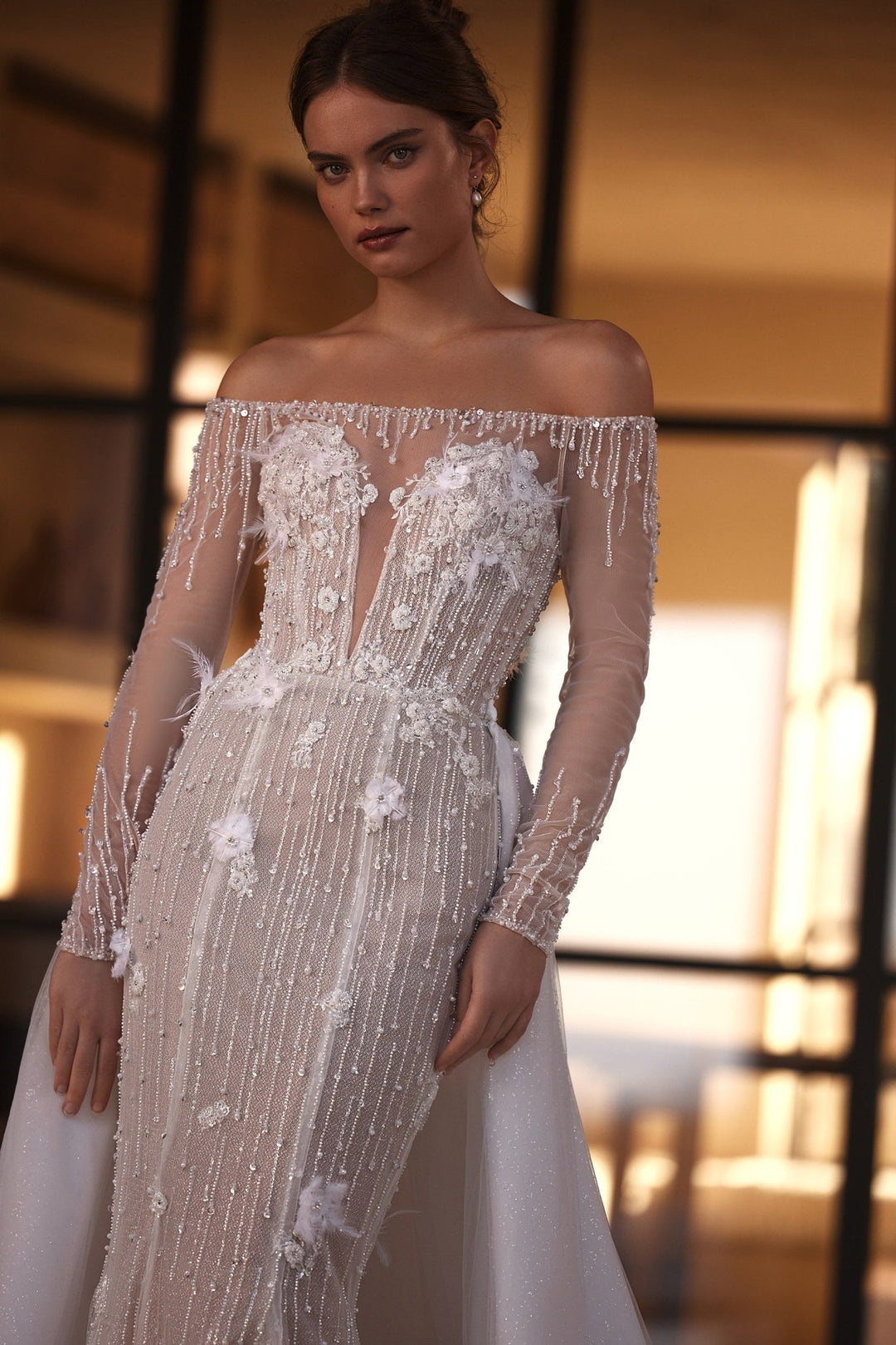 Elegant Off-the-Shoulder Beaded Bridal Gown with Over Skirt and Luxurious Train Plus Size - WonderlandByLilian