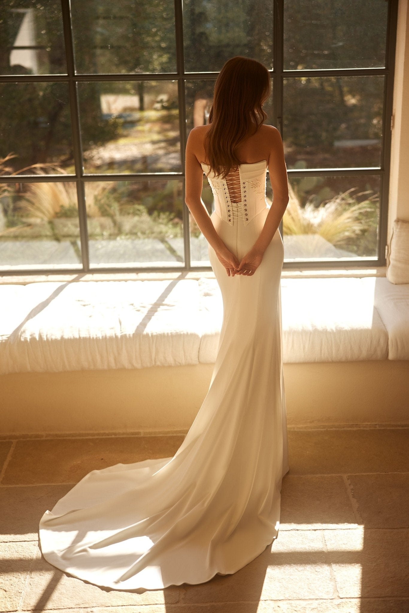 Elegant Off-the-Shoulder Crepe Wedding Dress with Embellished Corset Plus Size - WonderlandByLilian