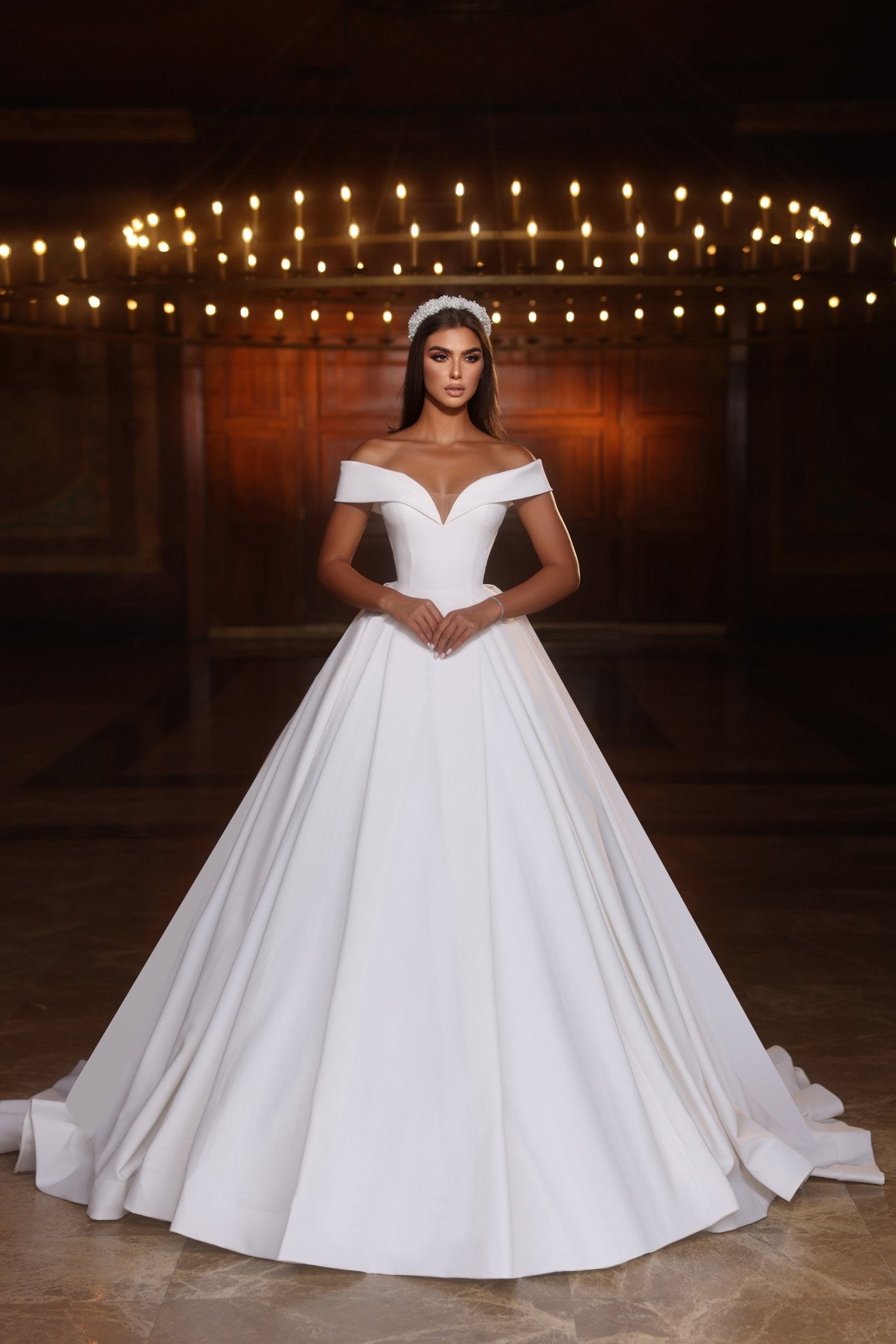 Elegant Off The Shoulder Wedding Gown with Voluminous Skirt Plus Size Size 14