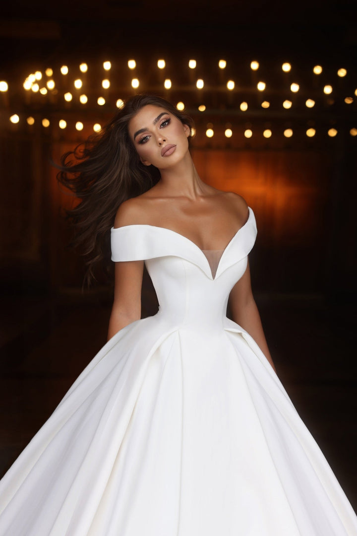 Elegant Off-the-Shoulder Wedding Gown with Voluminous Skirt - Plus Size - WonderlandByLilian