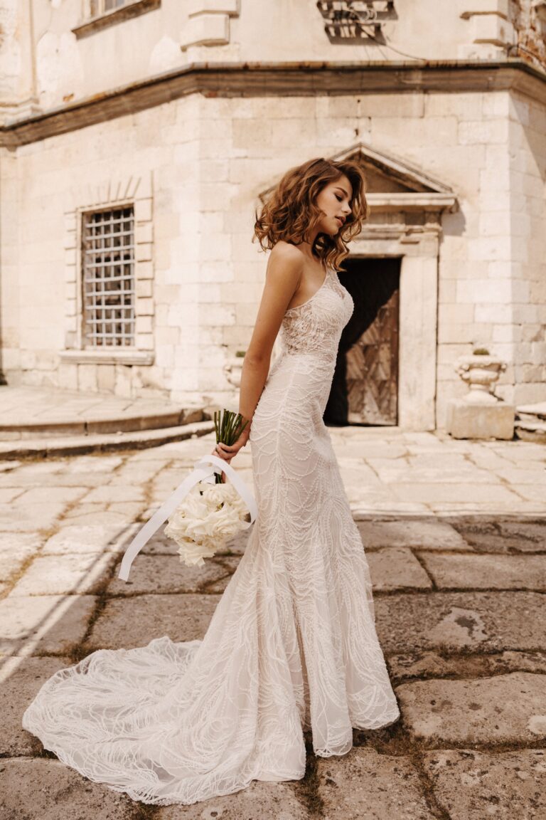 one shoulder beaded mermaid wedding dress One Shoulder Mermaid Wedding Dress, 50cm / Ivory / customized size need to pay extra