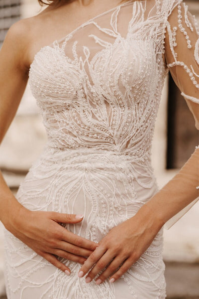 Elegant One-Shoulder Pearl-Embellished Mermaid Wedding Dress with Detachable Train Plus Size - CARLY - WonderlandByLilian