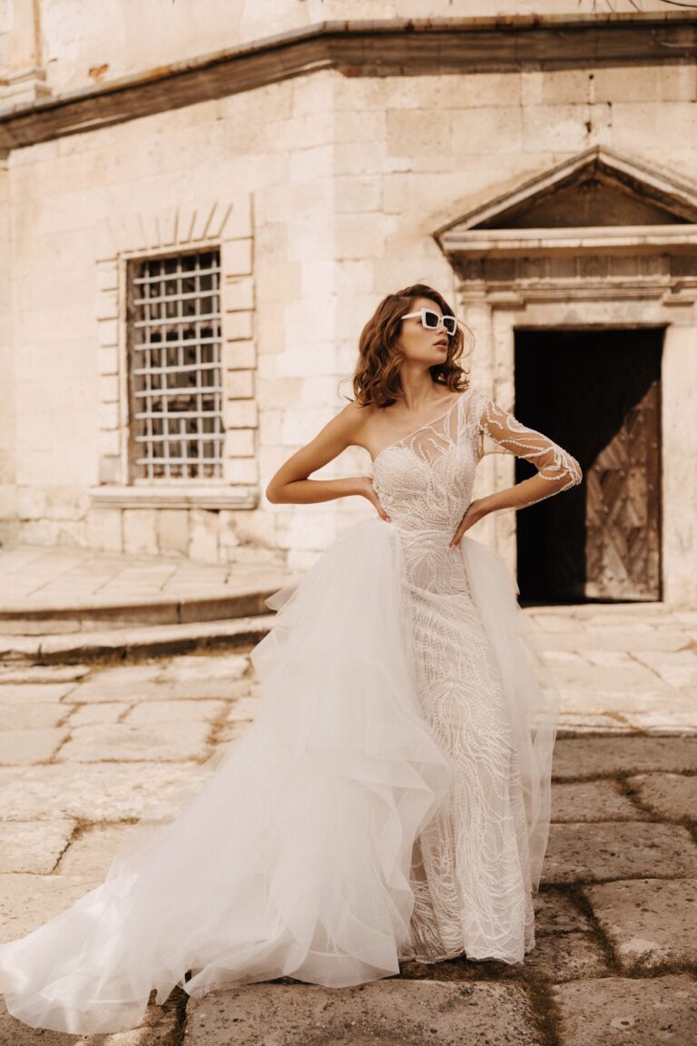 one shoulder beaded mermaid wedding dress Luxurious Long Mermaid One Shoulder Satin Beading Wedding Dress With Detachable Train