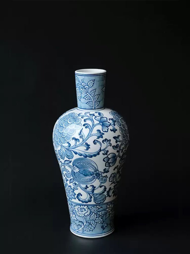 Elegant Oriental Style Light Blue and White Porcelain Vase with Vintage Floral Motifs - WonderlandByLilian