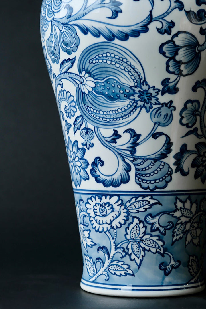 Elegant Oriental Style Light Blue and White Porcelain Vase with Vintage Floral Motifs - WonderlandByLilian