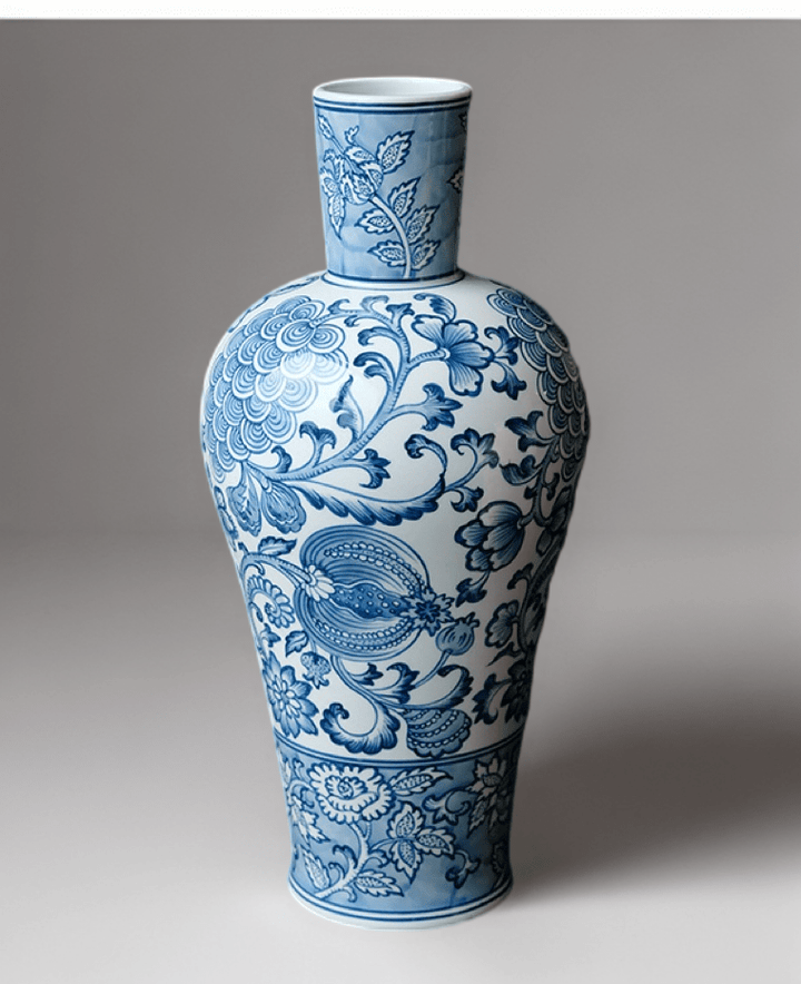 Elegant Oriental Style Light Blue and White Porcelain Vase with Vintage Floral Motifs - WonderlandByLilian