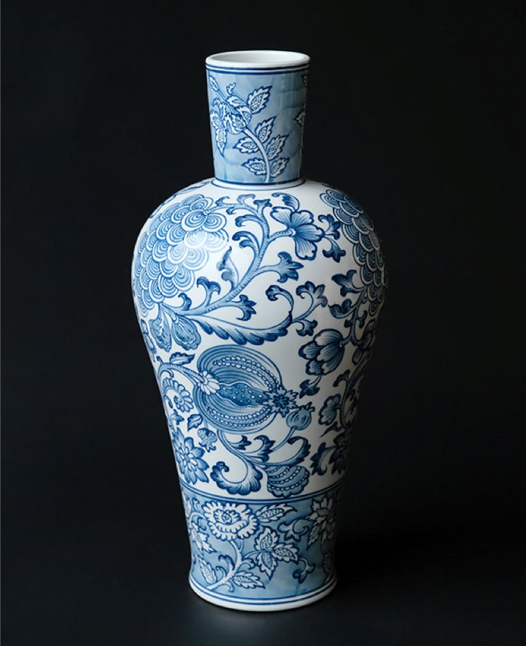 Elegant Oriental Style Light Blue and White Porcelain Vase with Vintage Floral Motifs - WonderlandByLilian