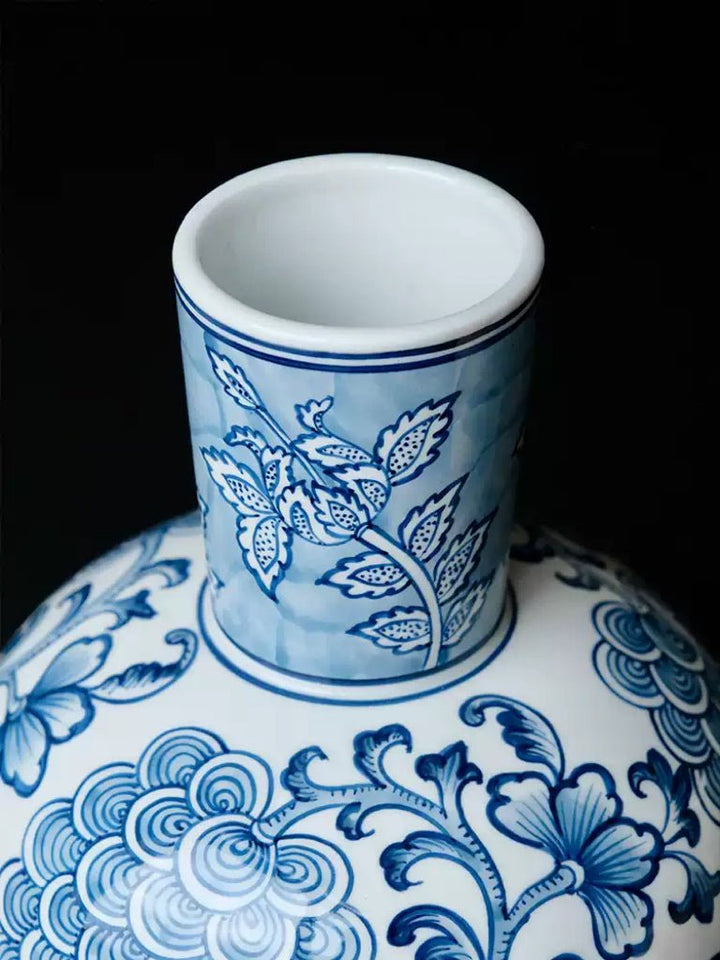 Elegant Oriental Style Light Blue and White Porcelain Vase with Vintage Floral Motifs - WonderlandByLilian