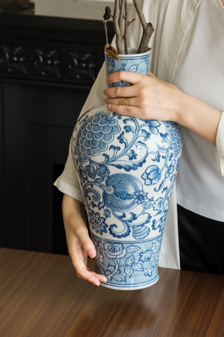 Elegant Oriental Style Light Blue and White Porcelain Vase with Vintage Floral Motifs - WonderlandByLilian