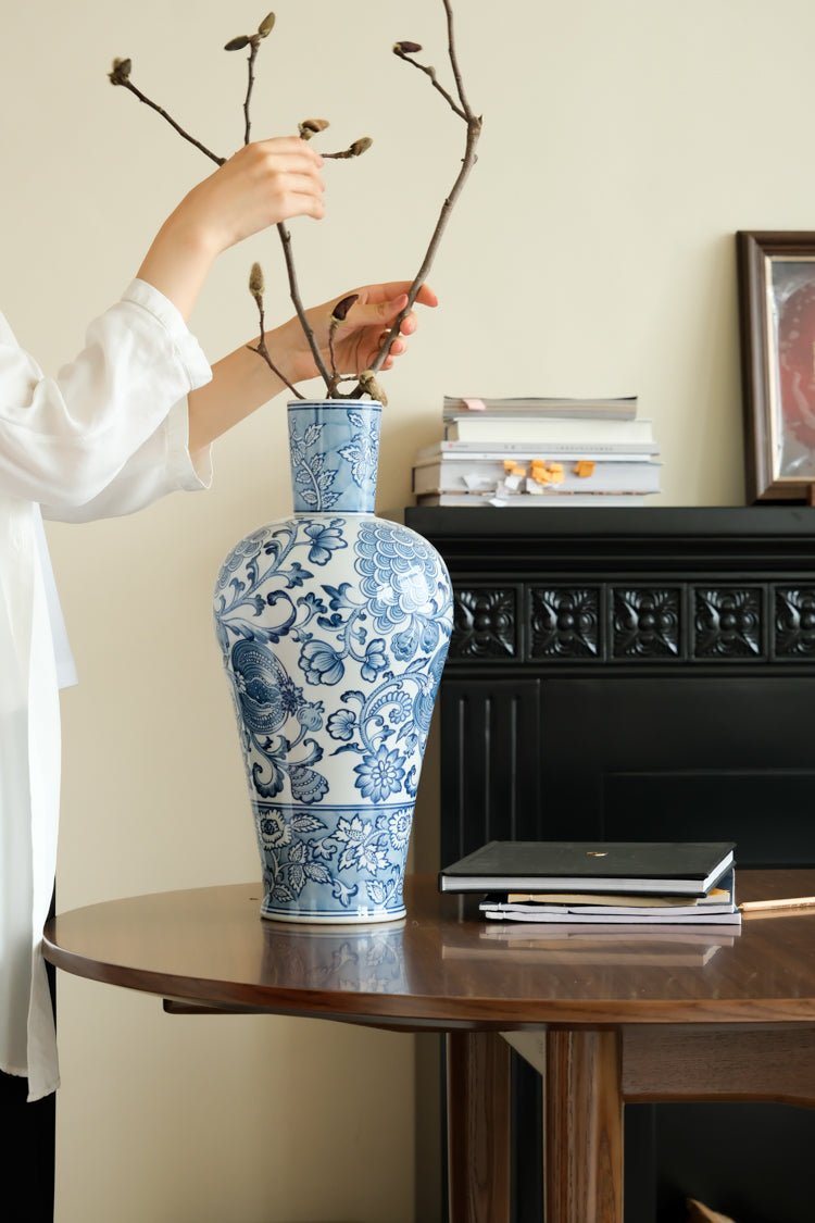 Elegant Oriental Style Light Blue and White Porcelain Vase with Vintage Floral Motifs - WonderlandByLilian