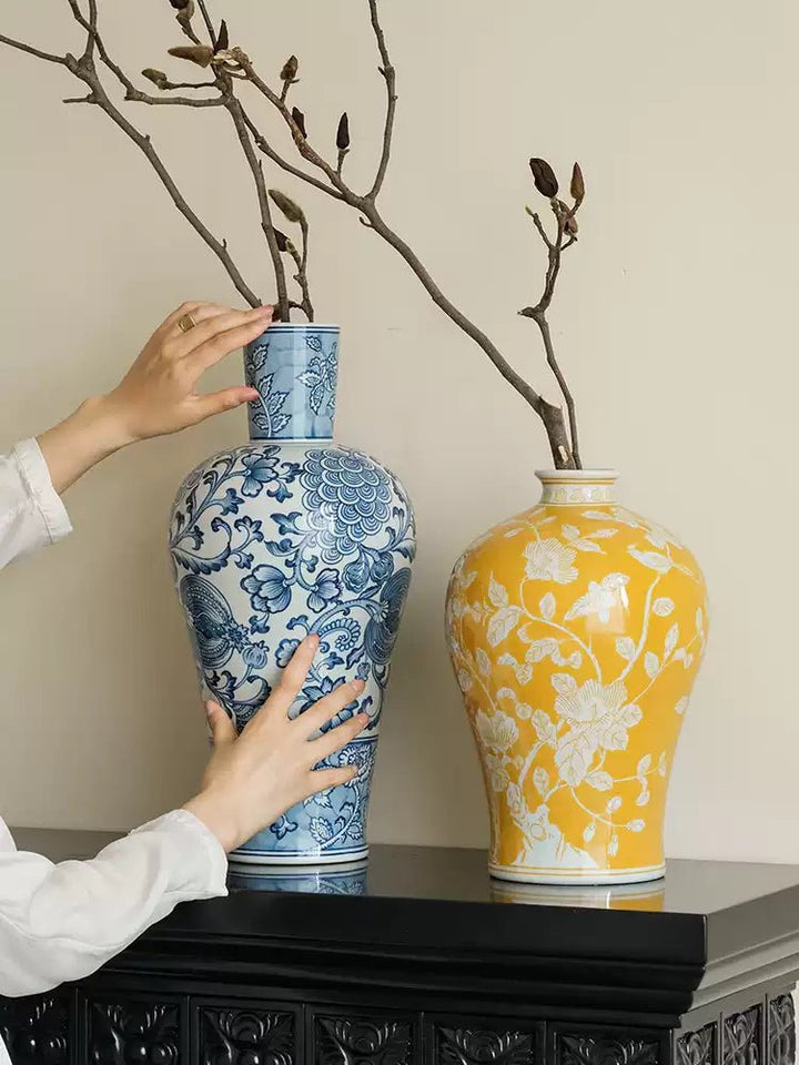 Elegant Oriental Style Light Blue and White Porcelain Vase with Vintage Floral Motifs - WonderlandByLilian