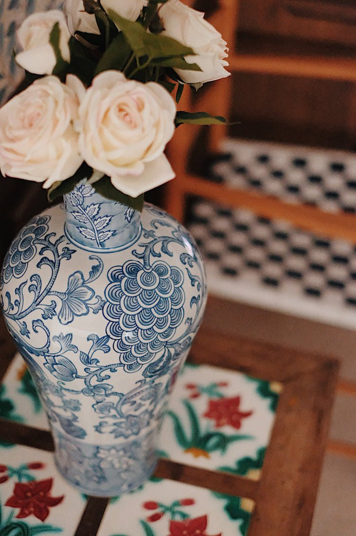 Elegant Oriental Style Light Blue and White Porcelain Vase with Vintage Floral Motifs - WonderlandByLilian
