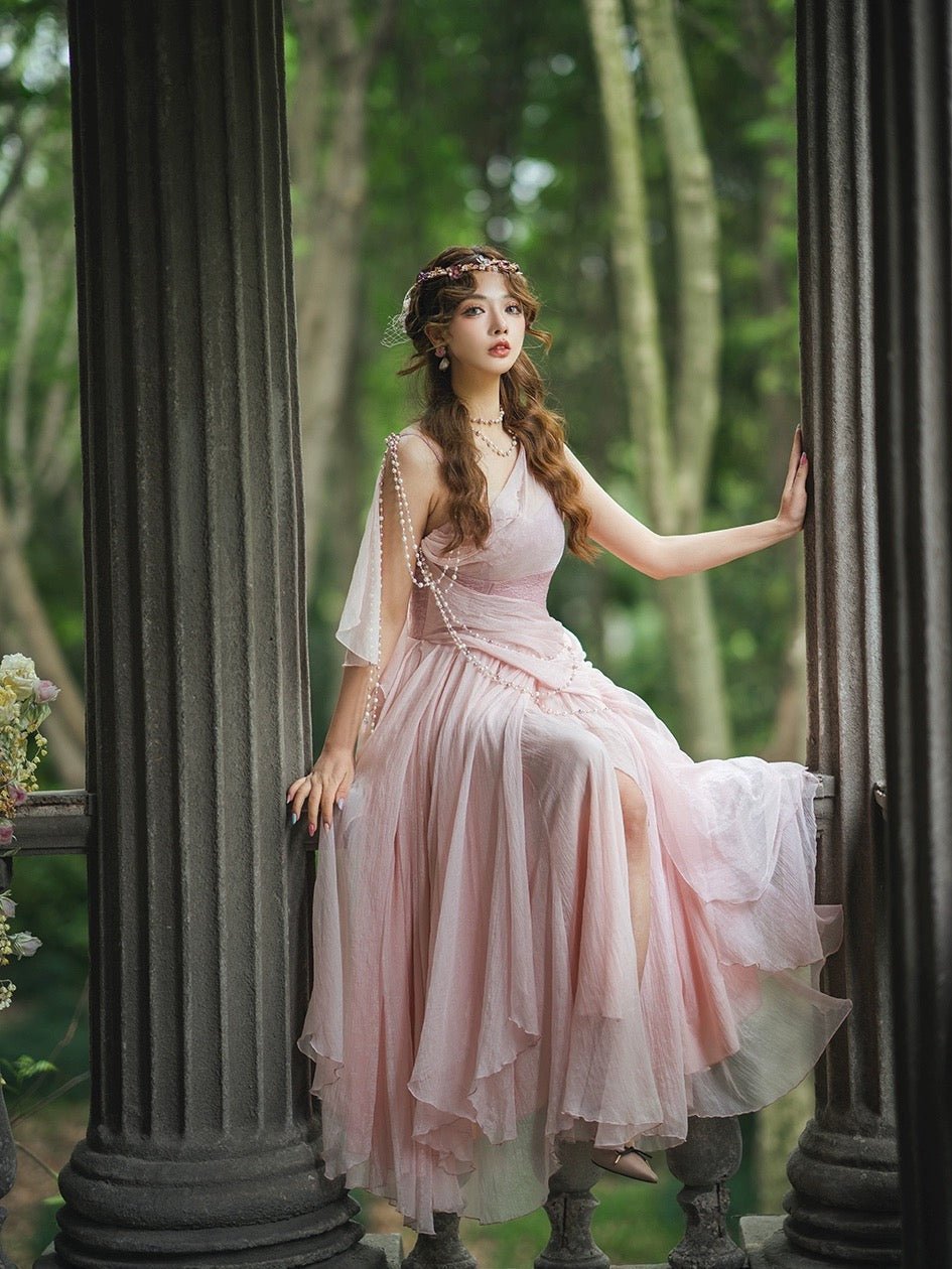 Elegant Pink Fantasy Dress - Fairy Evening Dress with Draped Pearls Plus Size - WonderlandByLilian