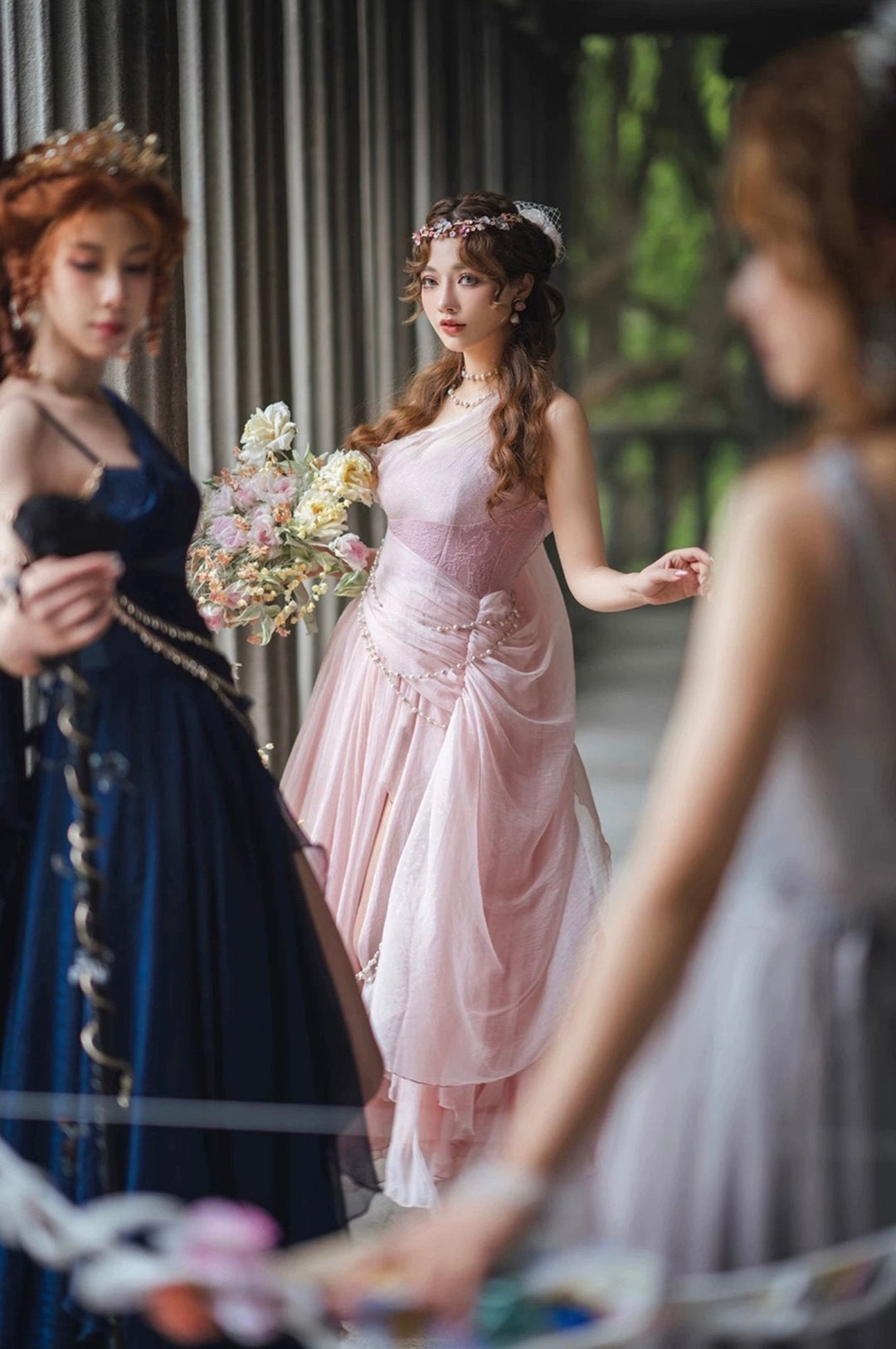 Elegant Pink Fantasy Dress - Fairy Evening Dress with Draped Pearls Plus Size Elegant Pink Fantasy Dress - Fairy Evening Dress with Draped Pearls Plus Size
