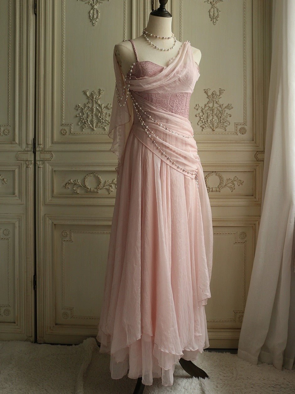 Elegant Pink Fantasy Dress - Fairy Evening Dress with Draped Pearls Plus Size - WonderlandByLilian