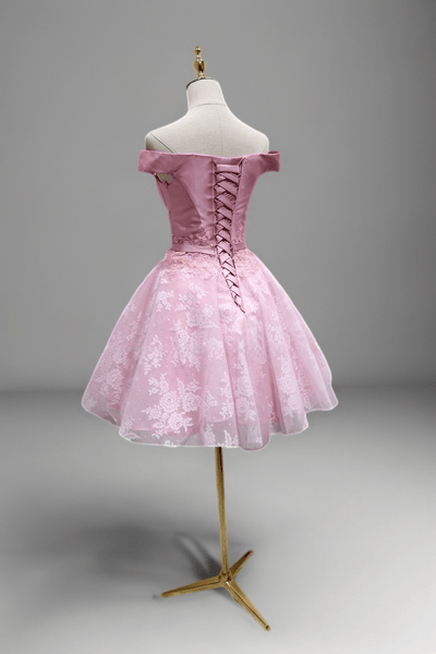 Elegant Pink Lace Off-Shoulder Short Wedding Party Dress - Floral Satin Corset Bridal Gown Plus Size - WonderlandByLilian