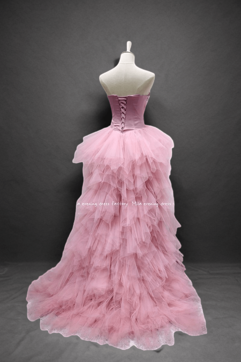 Elegant Pink Layered Tulle Ruffle Dress - Sequin Tulle High-Low Wedding Dress Plus Size - WonderlandByLilian