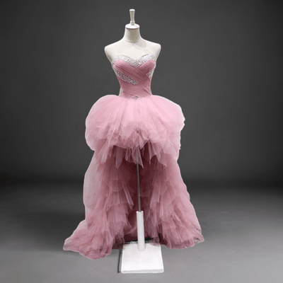 Elegant Pink Layered Tulle Ruffle Dress - Sequin Tulle High-Low Wedding Dress Plus Size - WonderlandByLilian