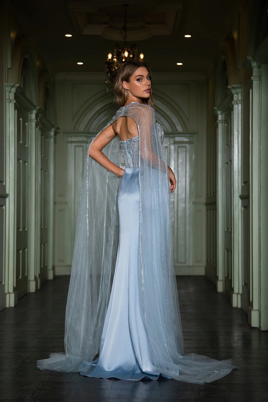 Elegant Baby Blue Satin Evening Gown with Cape Sleeves - Designer Sequ WonderlandByLilian Elegant Baby Blue Satin Evening Gown with Cape Sleeves - Designer Sequ WonderlandByLilian