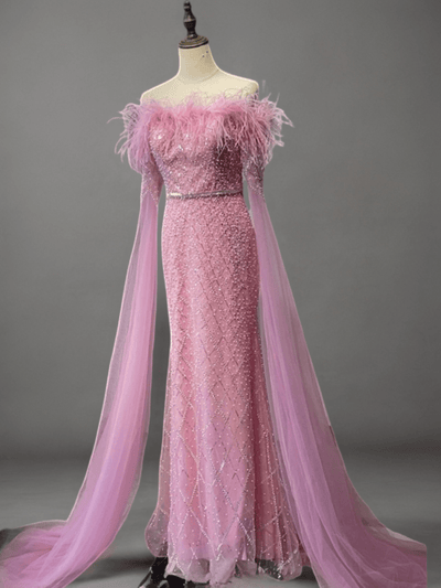 Elegant Pink Sequin and Feather Evening Gown - Pretty Glitter Dress with Dramatic Sleeves Plus Size - WonderlandByLilian