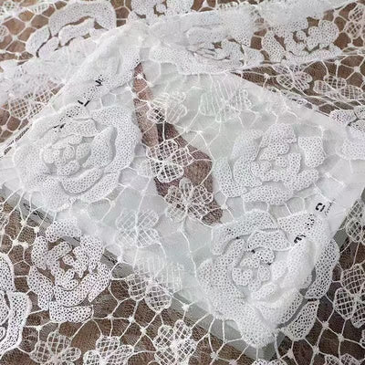 Elegant Rose Floral Sequin Embroidered Diamond Mesh Fabric in White - WonderlandByLilian