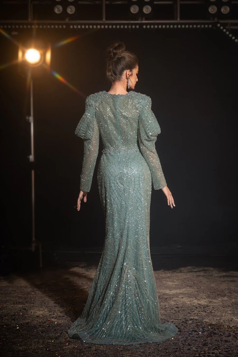Elegant Sage Green Sequin Evening Gown with Long Sleeves - Pretty Sequ WonderlandByLilian Elegant Sage Green Sequin Evening Gown with Long Sleeves - Pretty Sequ WonderlandByLilian