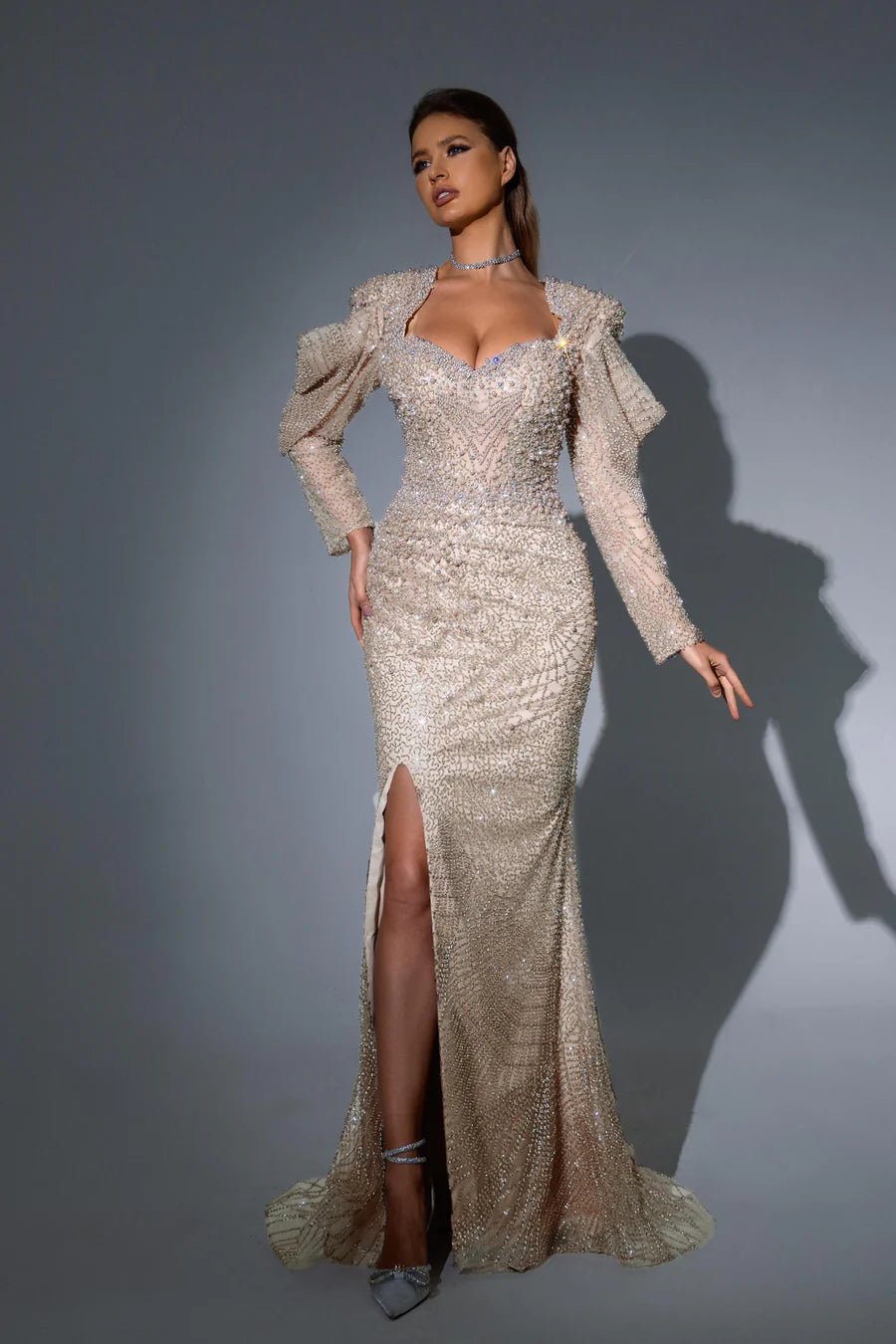 Elegant Sage Green Sequin Evening Gown with Long Sleeves - Pretty Sequin Dress and Puff Sleeve Dress Plus Size Size 8 / Green Elegant Sage Green Sequin Evening Gown with Long Sleeves - Pretty Sequin Dress and Puff Sleeve Dress Plus Size Size 8 / Green