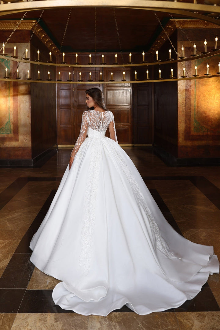 Elegant Satin A-Line Wedding Dress with Lace Sleeves - Plus Size - WonderlandByLilian