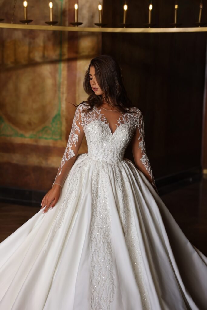 Elegant Satin A-Line Wedding Dress with Lace Sleeves - Plus Size - WonderlandByLilian